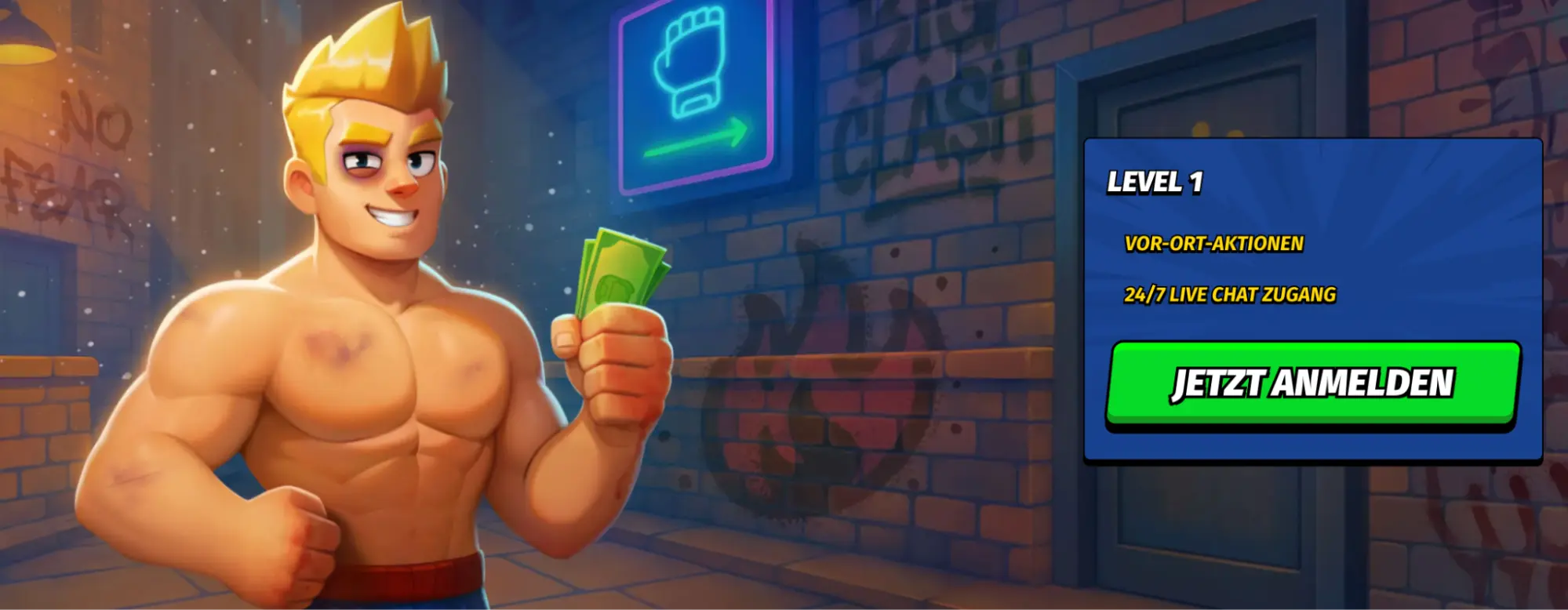 BigClash Figur mit Geldscheinen vor Backsteinwand